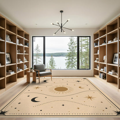 Boho Celestial Beige Area Rug with Sun and Moons