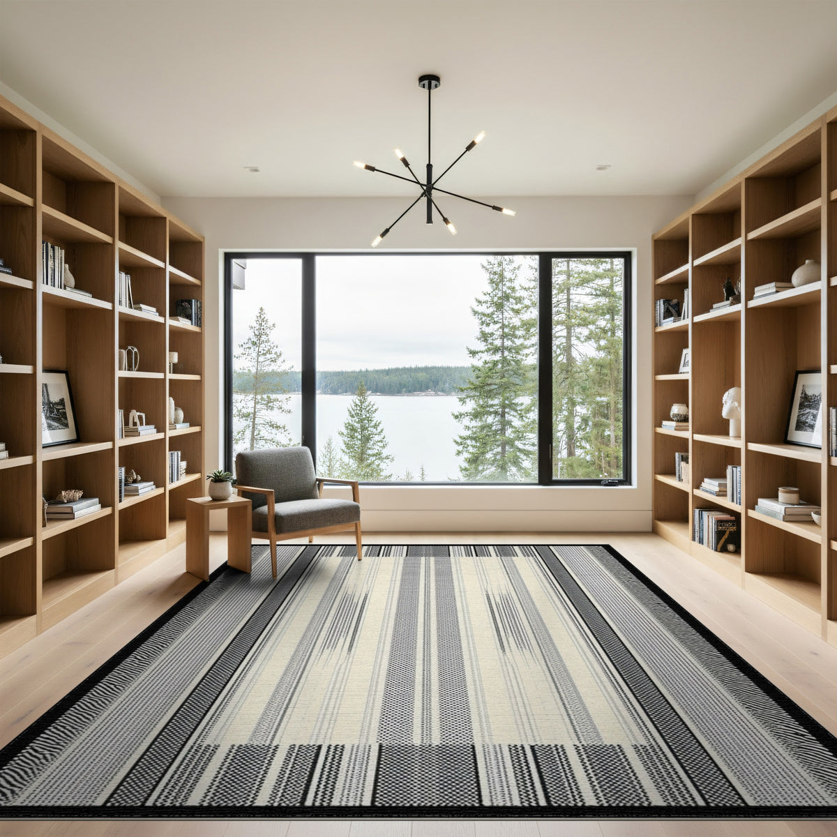 Black White Geometric Striped Area Rug