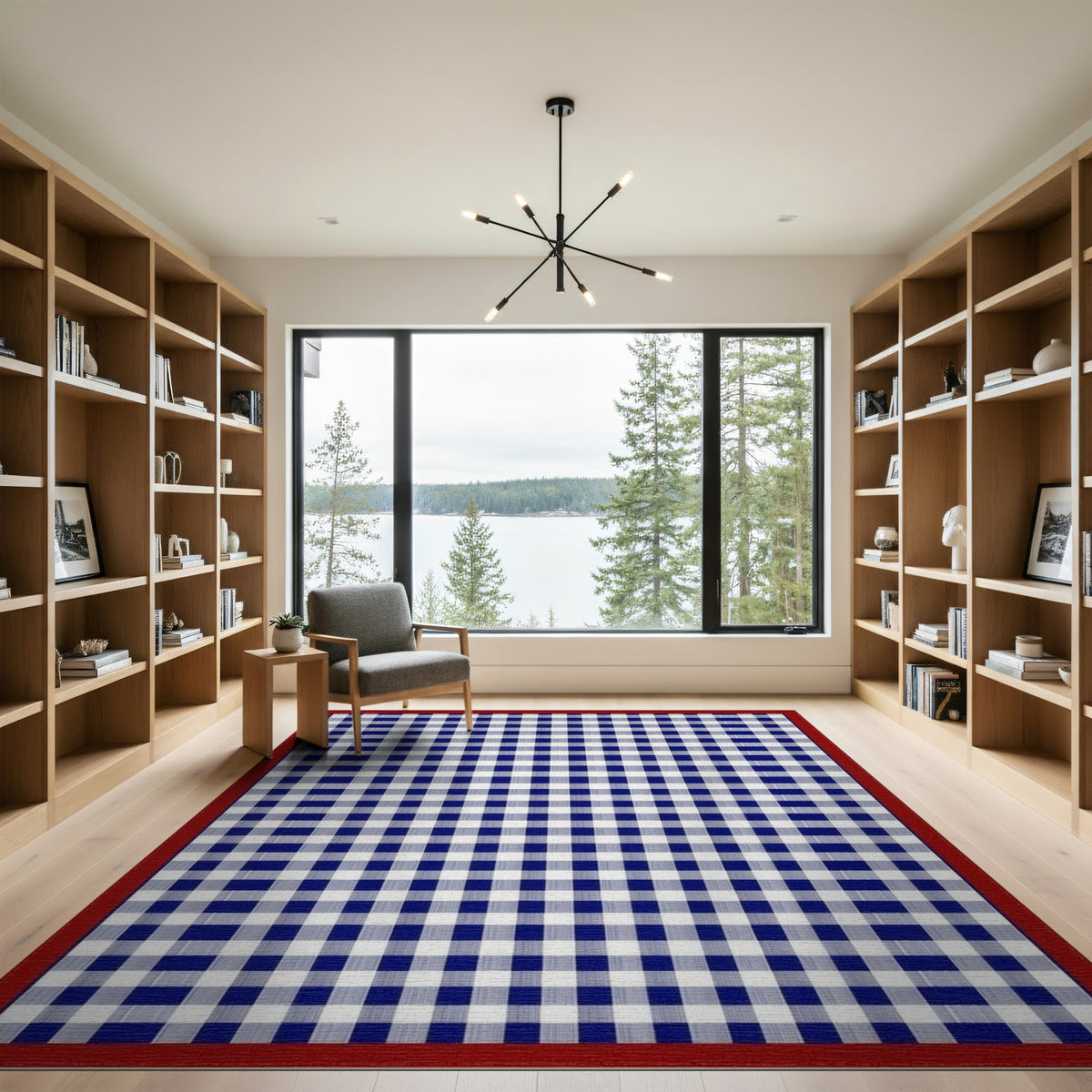 Navy Blue Checkered Rug with Red Border