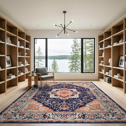 Navy Blue Floral Persian Area Rug