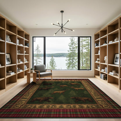 Rustic Bear Moose Forest Plaid Area Rug