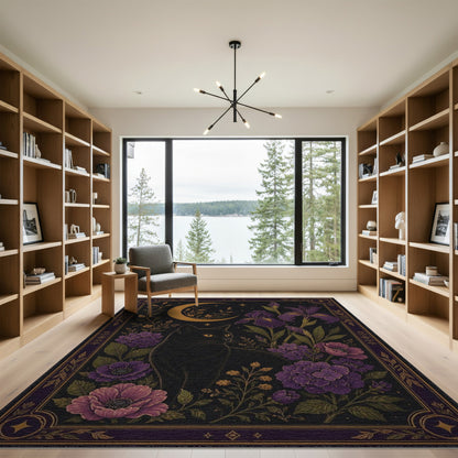 Mystical Black Cat Purple Floral Moon Area Rug