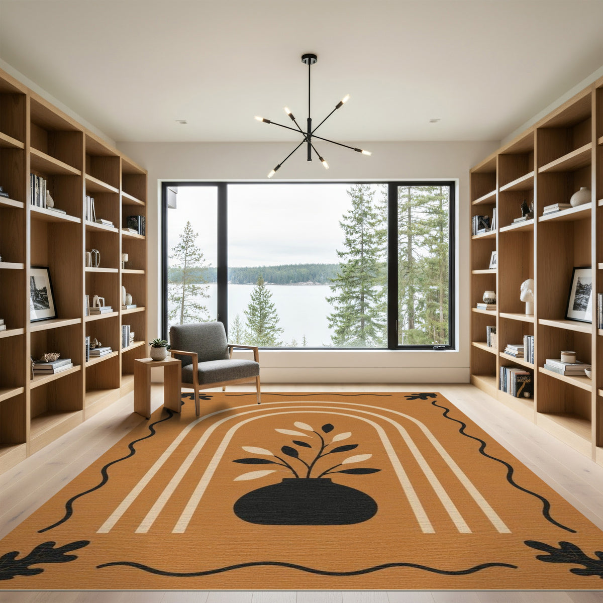 Orange Boho Vase Leaf Area Rug