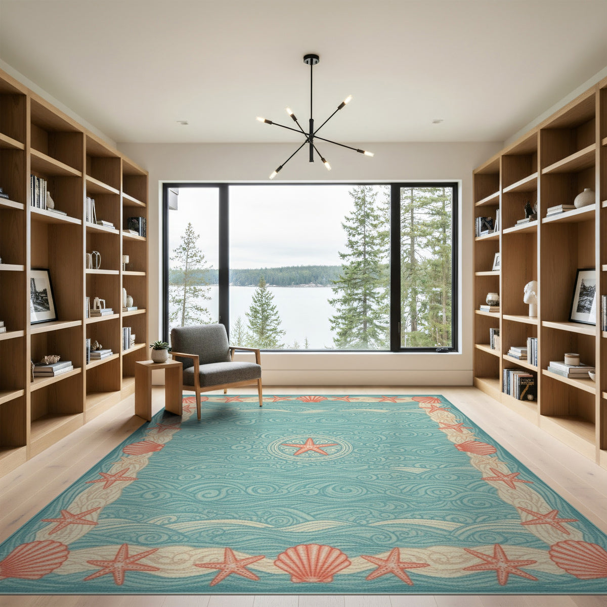 Blue Teal Coastal Starfish Wave Area Rug