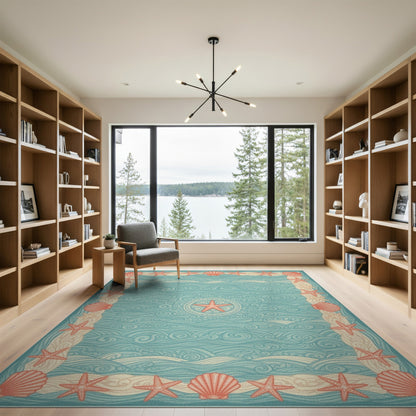 Blue Teal Coastal Starfish Wave Area Rug