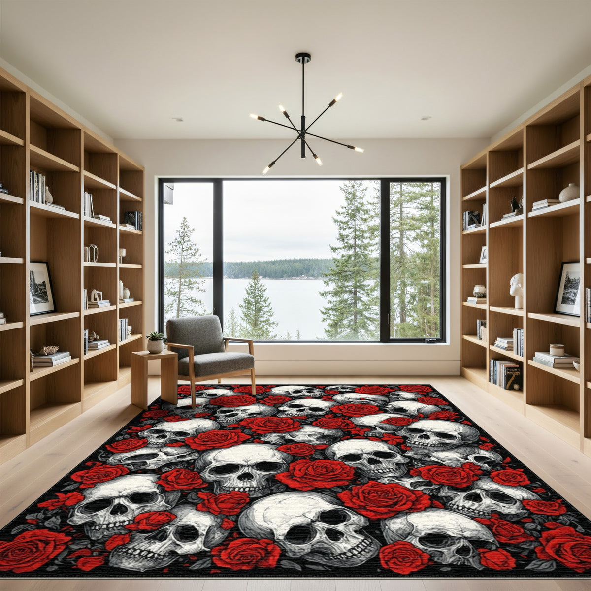 Skull and Red Rose Black Area Rug