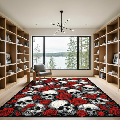 Skull and Red Rose Black Area Rug