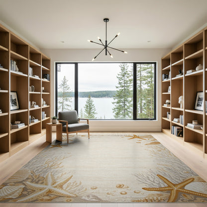 Beige and Neutral Beige Coastal Seashell Starfish Area Rug