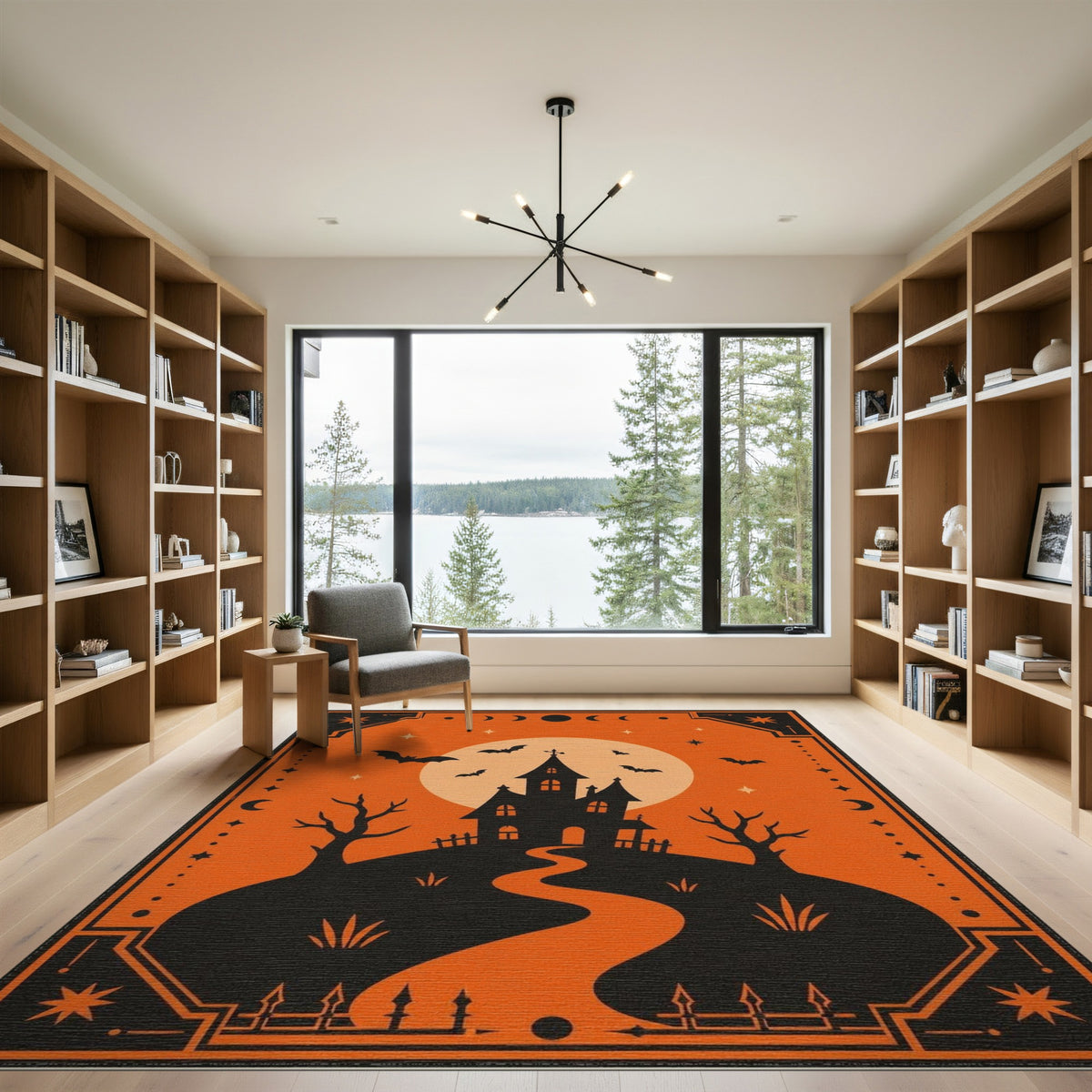 Spooky Haunted House Orange Halloween Area Rug