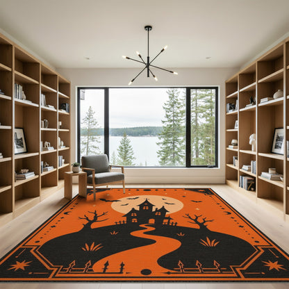 Spooky Haunted House Orange Halloween Area Rug