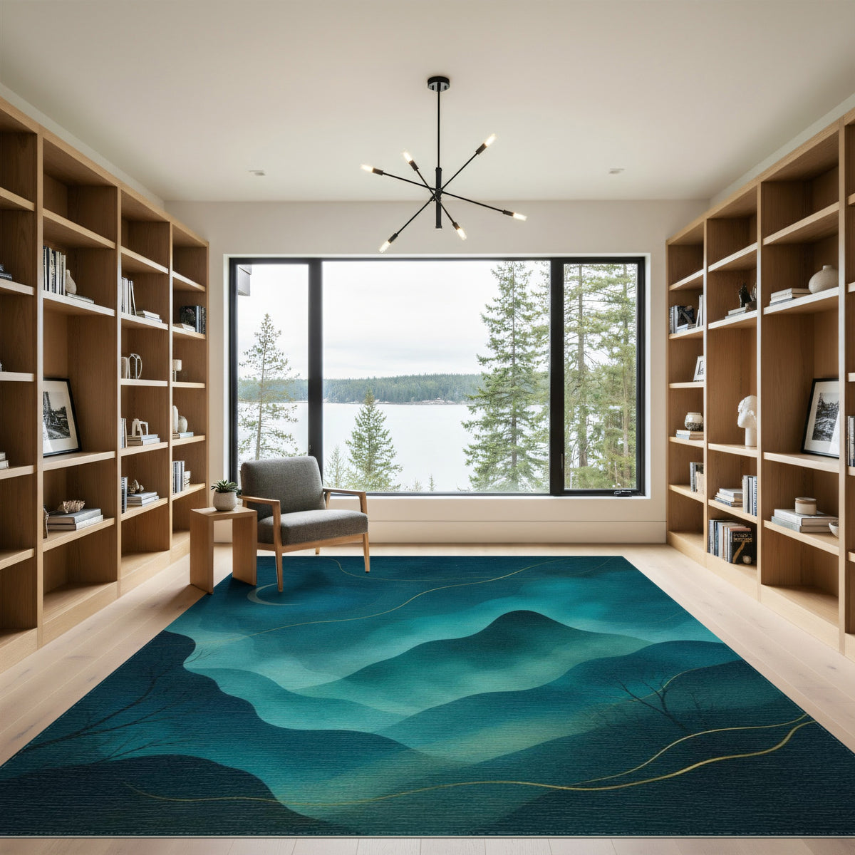 Midnight Teal Mountain Moon Area Rug