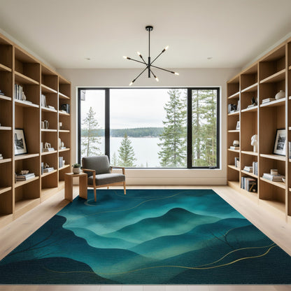 Midnight Teal Mountain Moon Area Rug