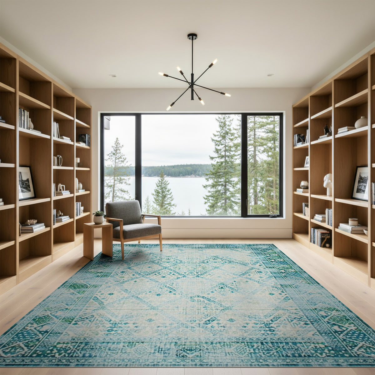 Distressed Blue Teal Vintage Geometric Area Rug