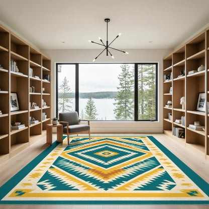 Blue and Teal Diamond Heritage Tribal Area Rug