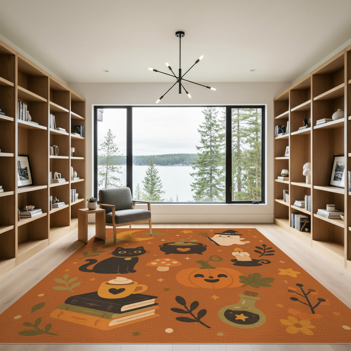 Halloween Orange Cartoon Rug with Black Cat and Pumpkin