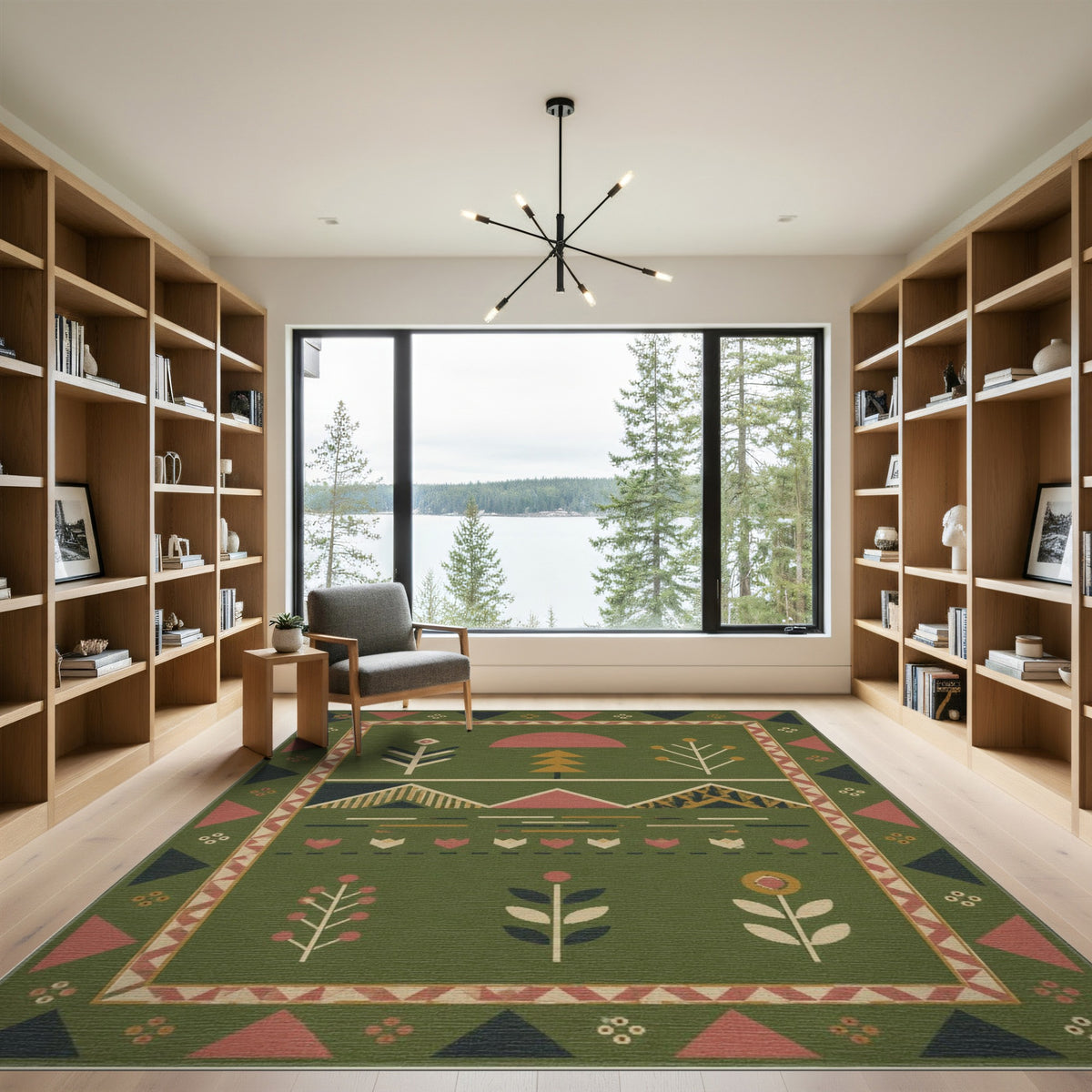 Green Geometric Landscape Area Rug