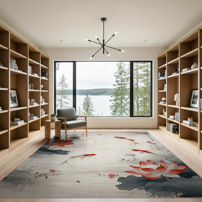Red Koi Lotus Floral Vintage Area Rug