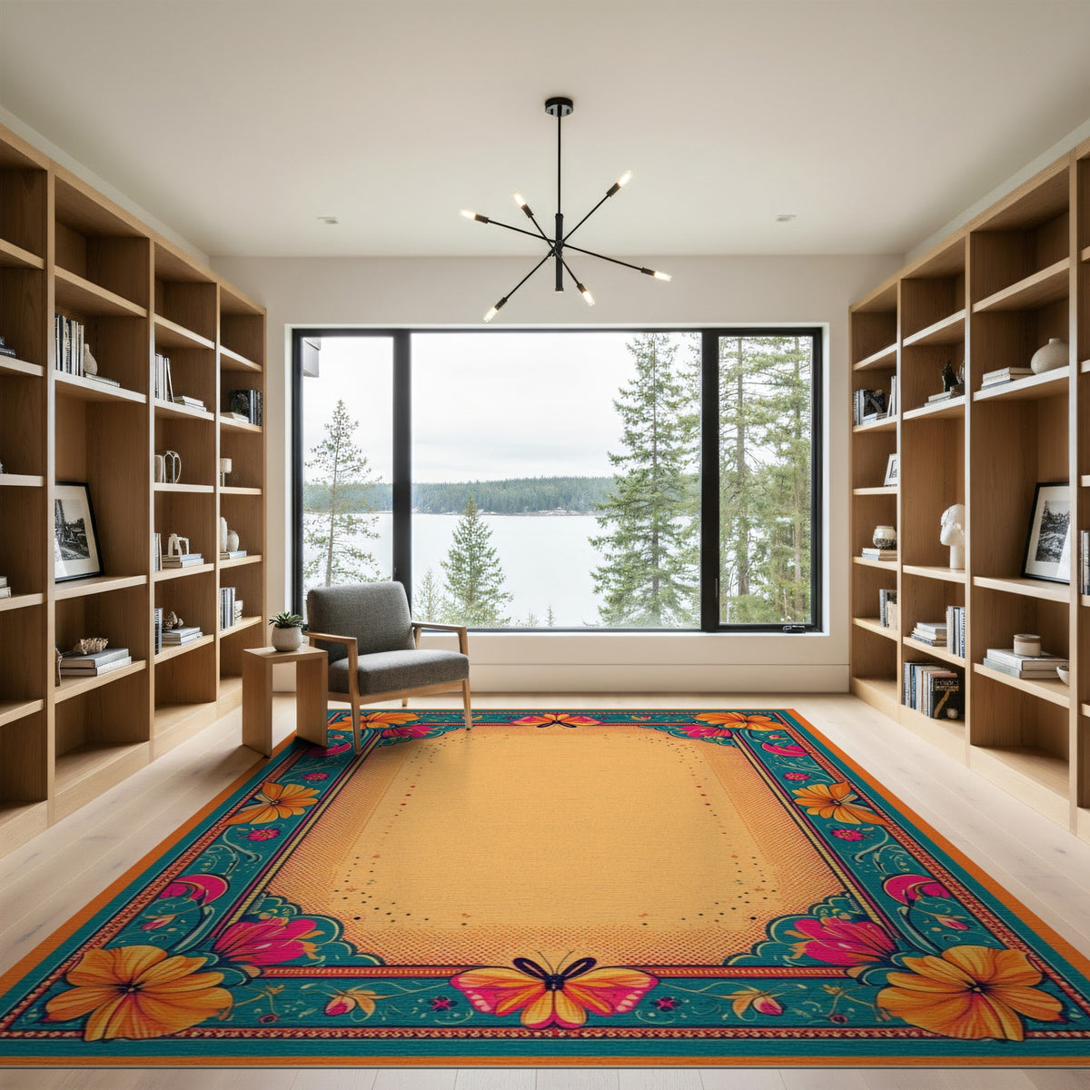 Vibrant Floral Butterfly Teal Border Area Rug