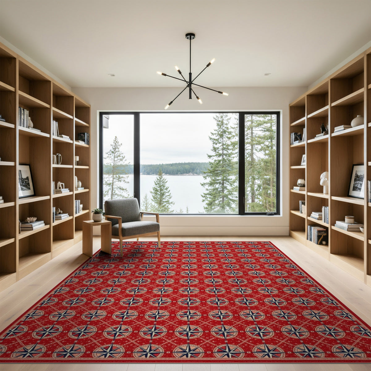 Red Nautical Compass Washable Area Rug
