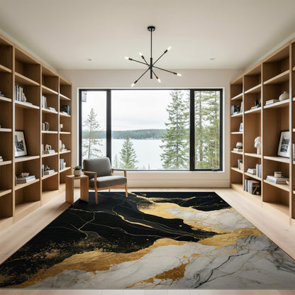 Black and White Black Gold Abstract Marble Area Rug