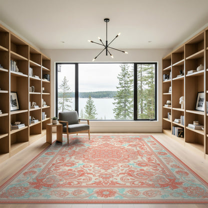 Coral and Teal Floral Medallion Area Rug