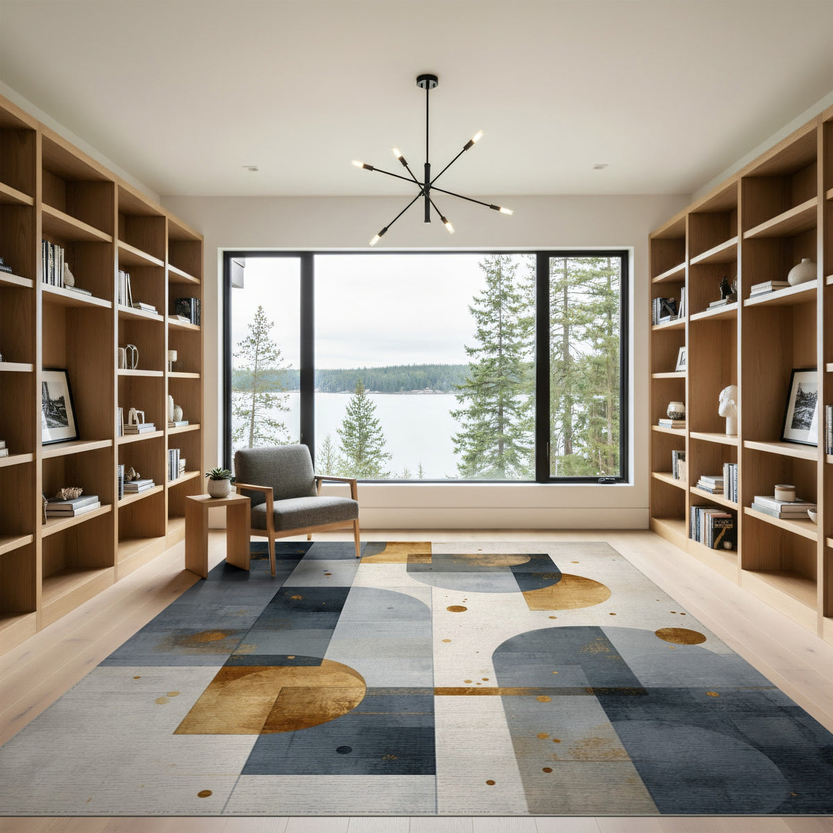 Geometric Blue Grey Gold Area Rug