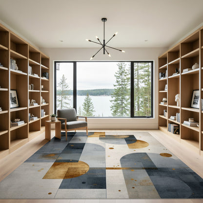 Geometric Blue Grey Gold Area Rug