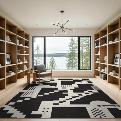 Black White Geometric Pixel Area Rug