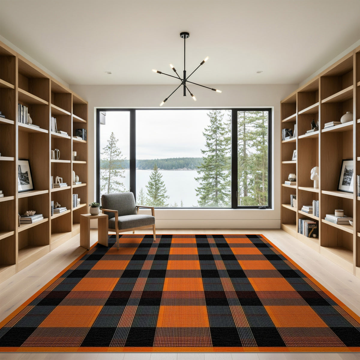Orange Geometric Modern Orange Black Buffalo Check Area Rug