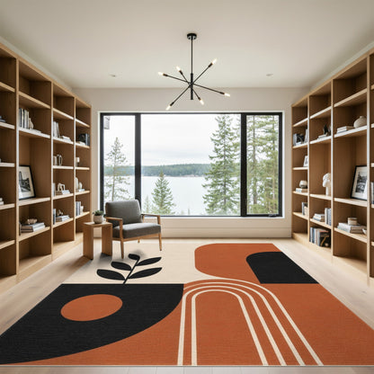 Geometric Area Rug with Leaf Silhouette in Earth Tones