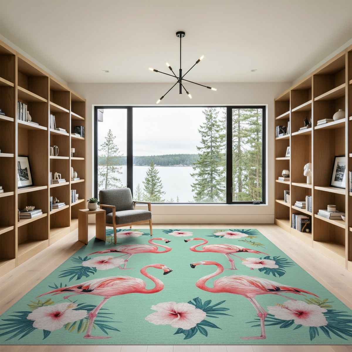 Floral Vintage Pink Flamingo Floral Washable Area Rug