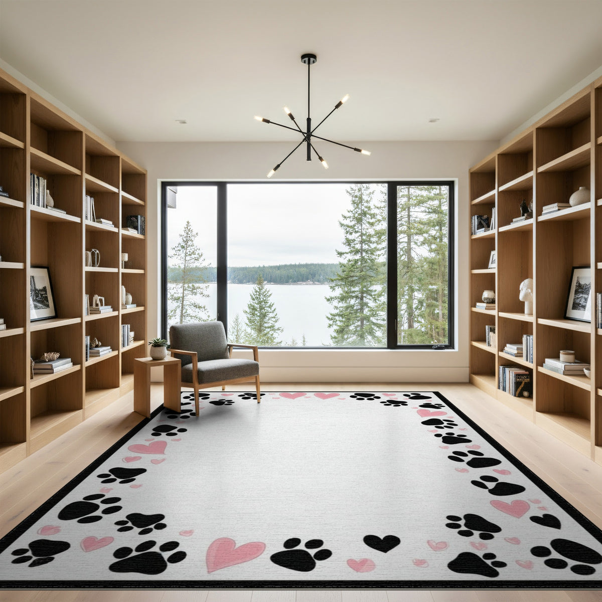 Black Paw Print Pink Heart Kids Rug