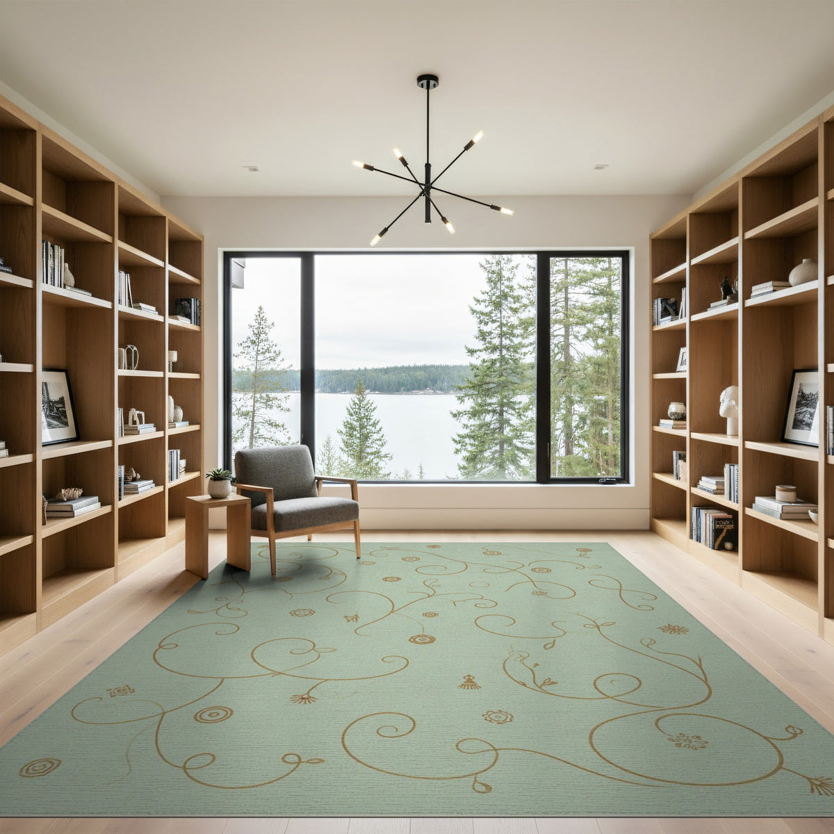 Sage Green Gold Floral Vine Area Rug