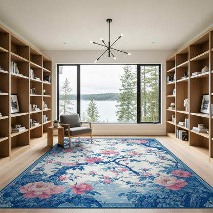 Blue Peony Floral Washable Area Rug