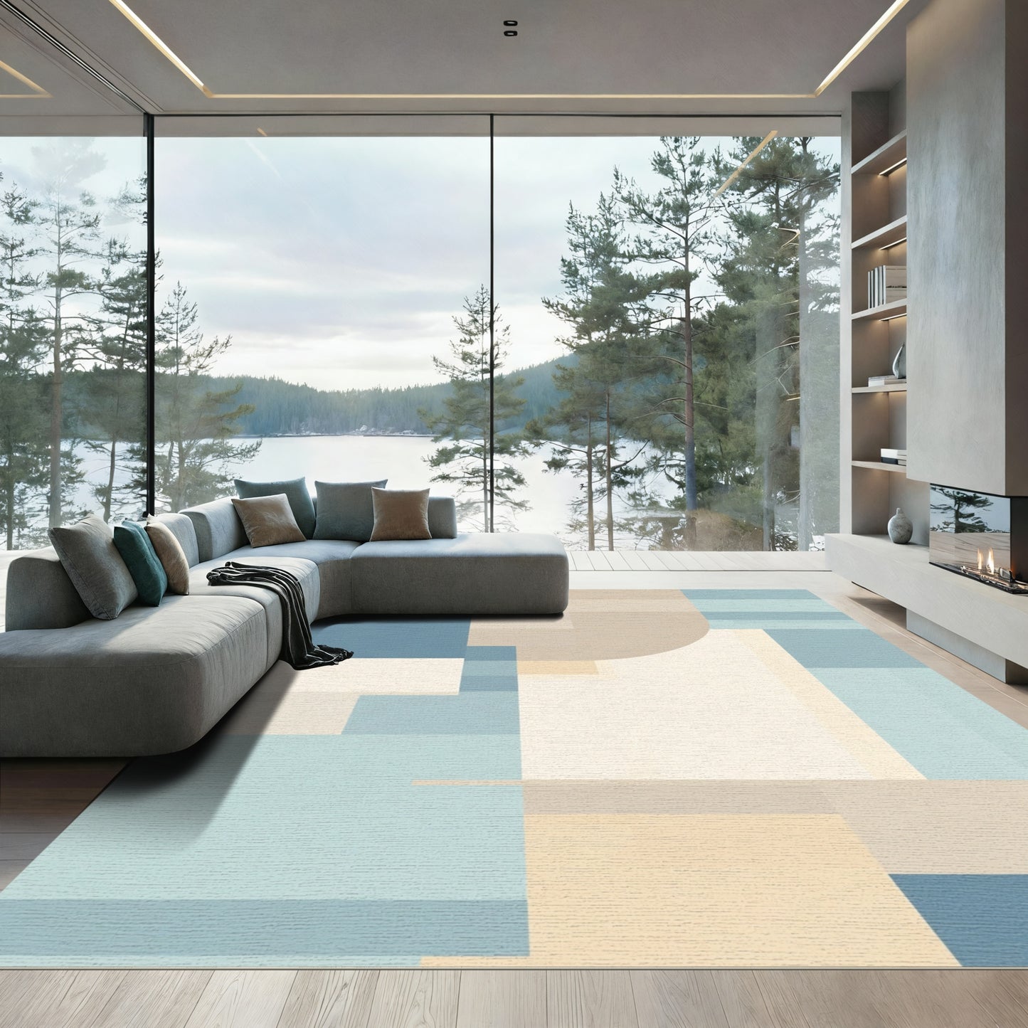 Modern Blue Tan Geometric Composition Rug