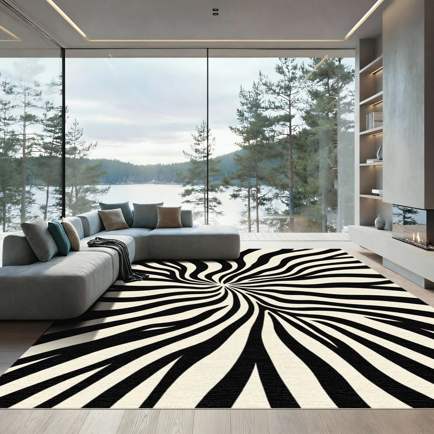 Black White Radial Stripe Swirl Rug