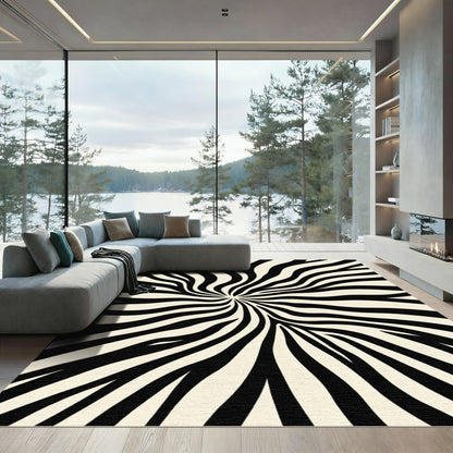 Black White Radial Stripe Swirl Rug