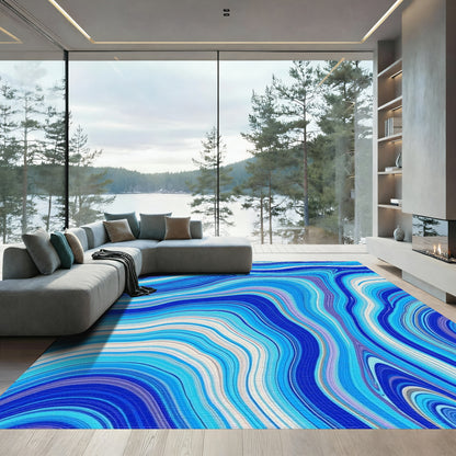 Blue Fluid Marble Swirl Rug