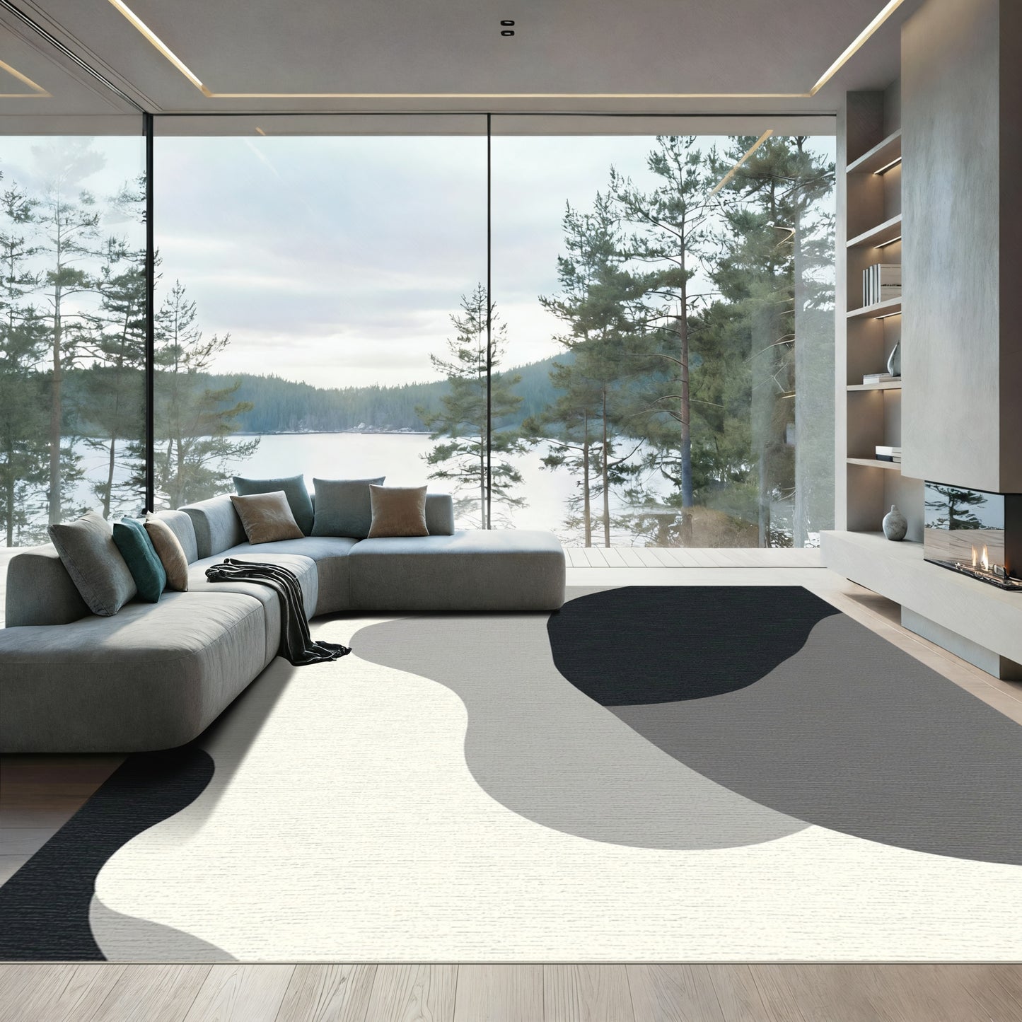 Modern Monochrome Abstract Organic Shapes Rug