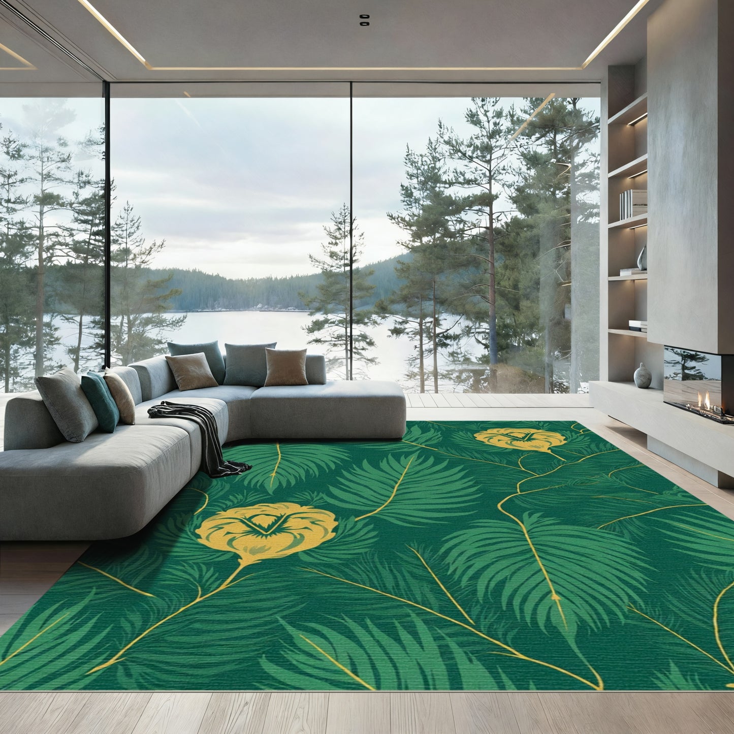 Green Gold Tropical Fern Blossom Rug