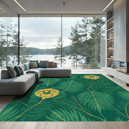 Green Gold Tropical Fern Blossom Rug