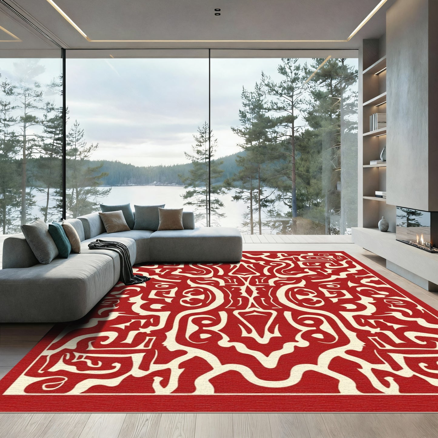 Crimson Ivory Abstract Labyrinth Rug