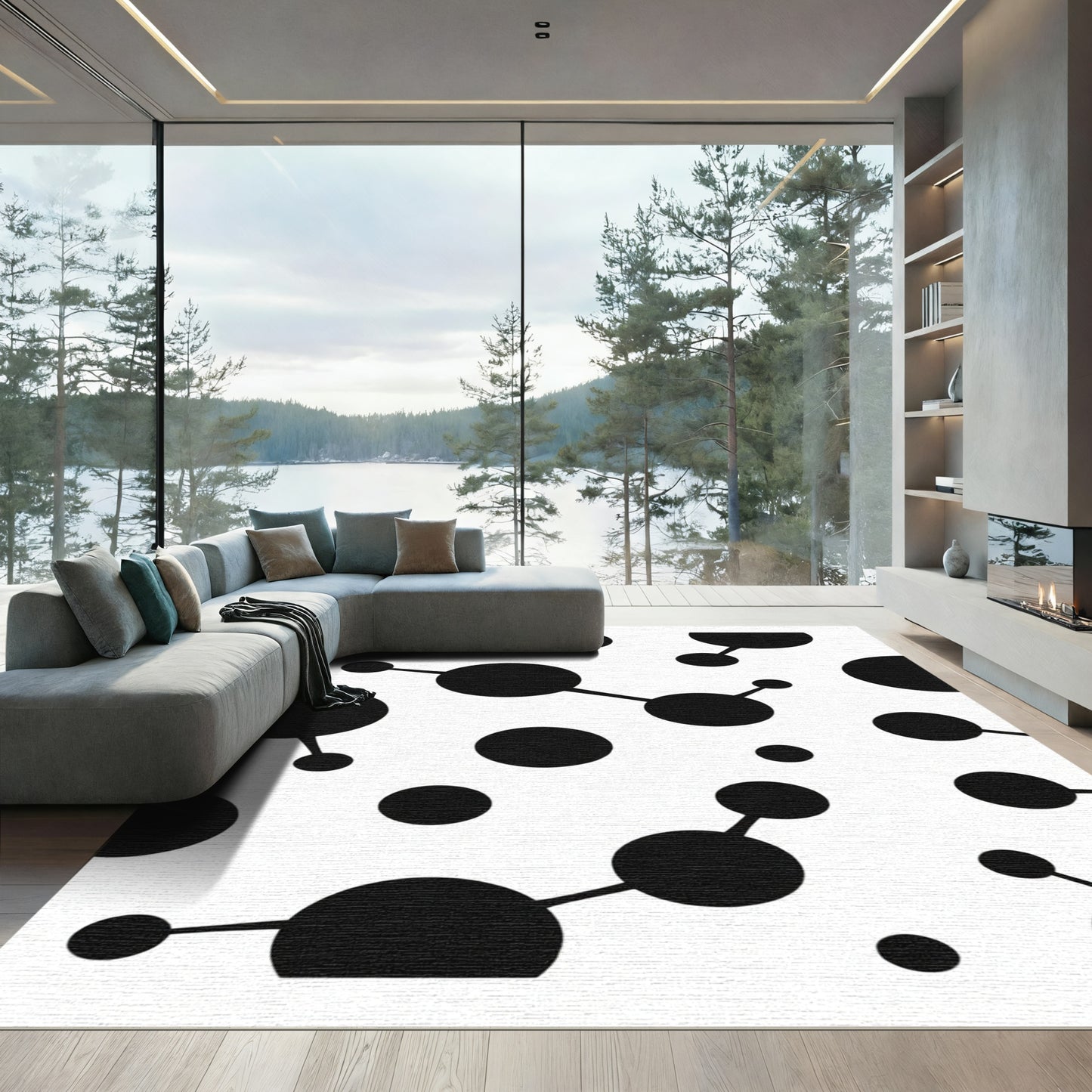 Black White Connected Circles Abstract Rug