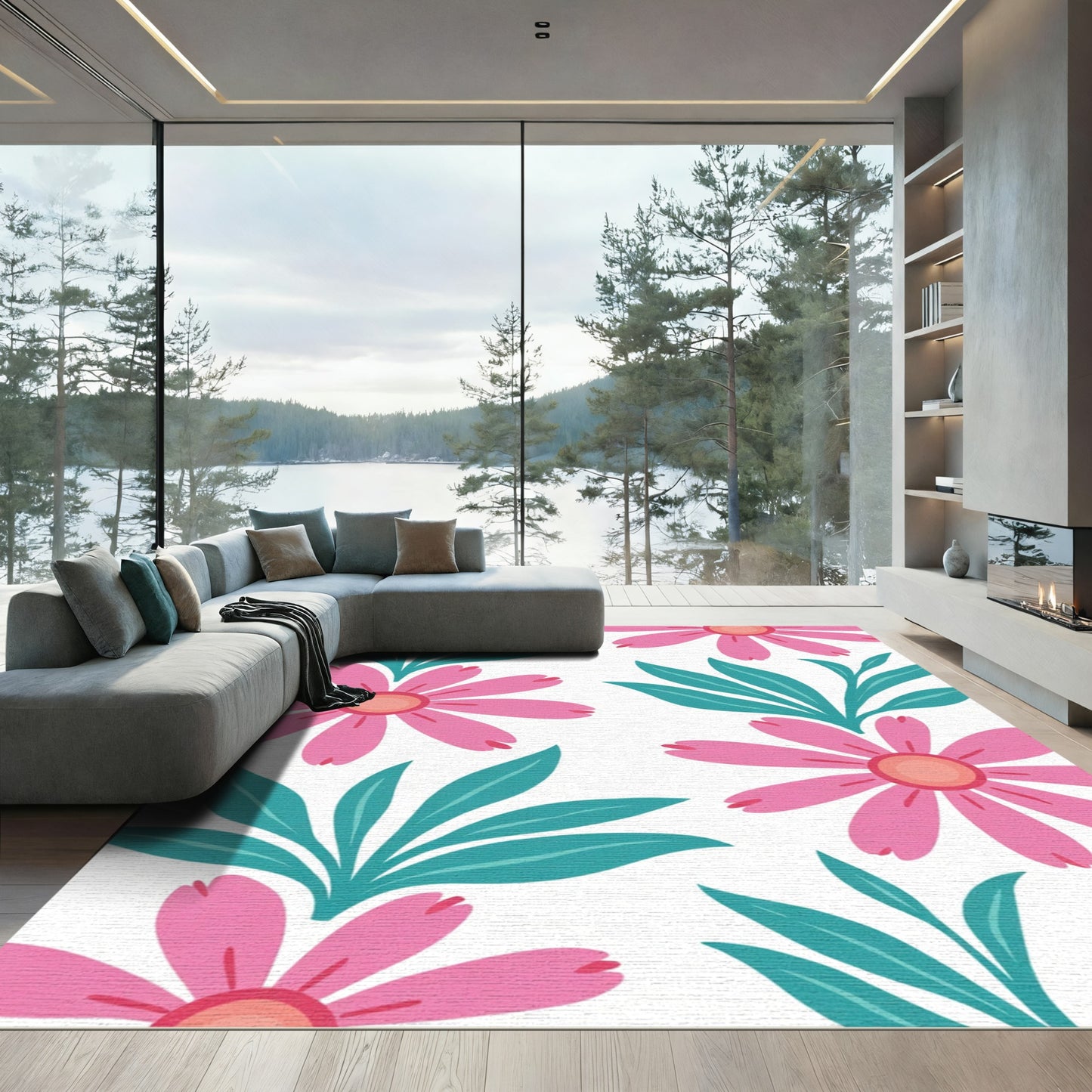 Bright Pink Daisy Tropical Leaves Rug