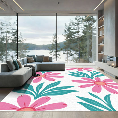 Bright Pink Daisy Tropical Leaves Rug