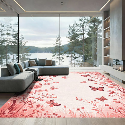 Whimsical Coral Butterfly Garden Blooms Rug