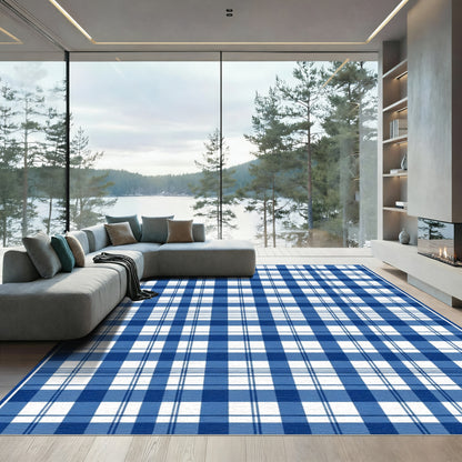 Classic Blue White Plaid Grid Rug
