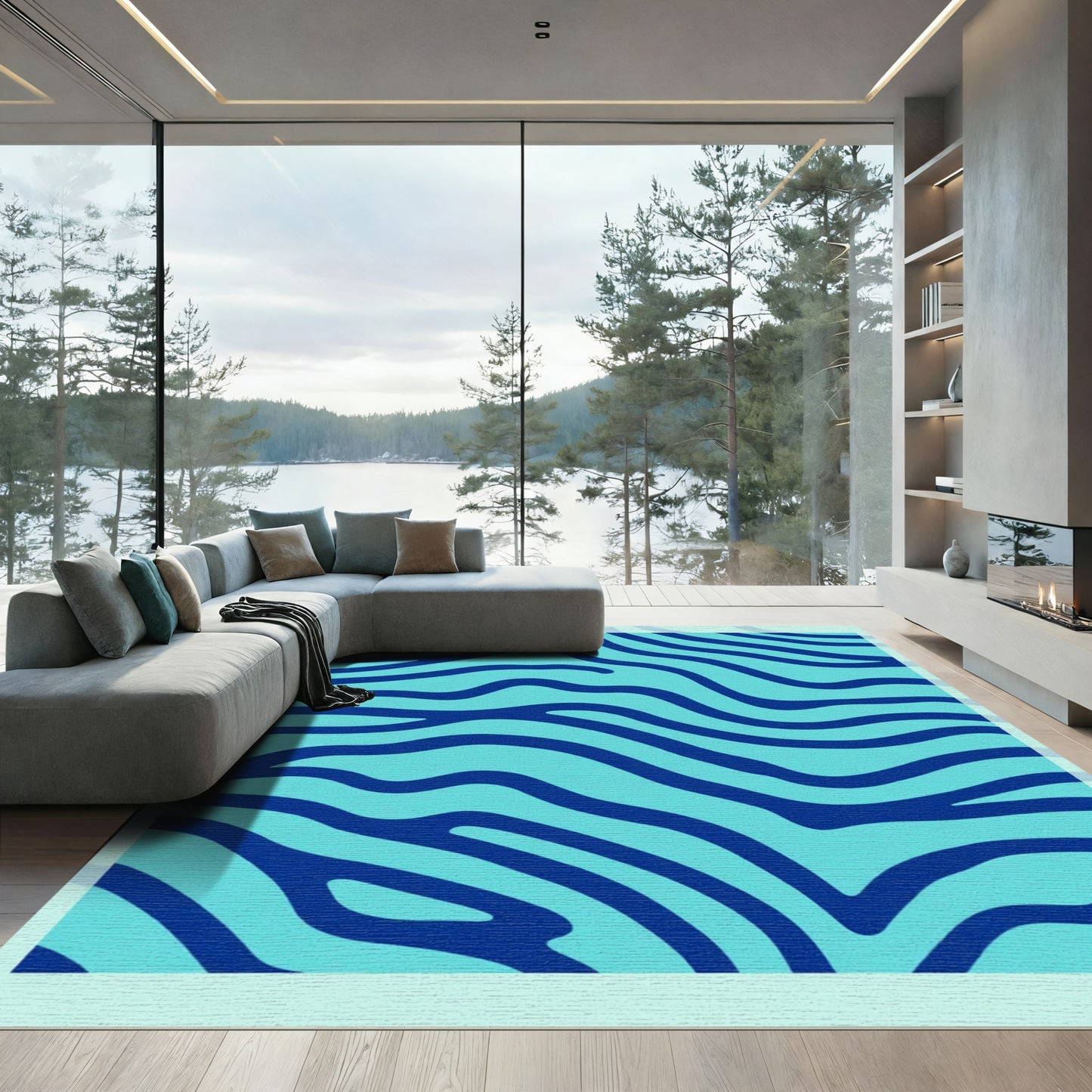 Aqua Deep Blue Wave Strokes Rug