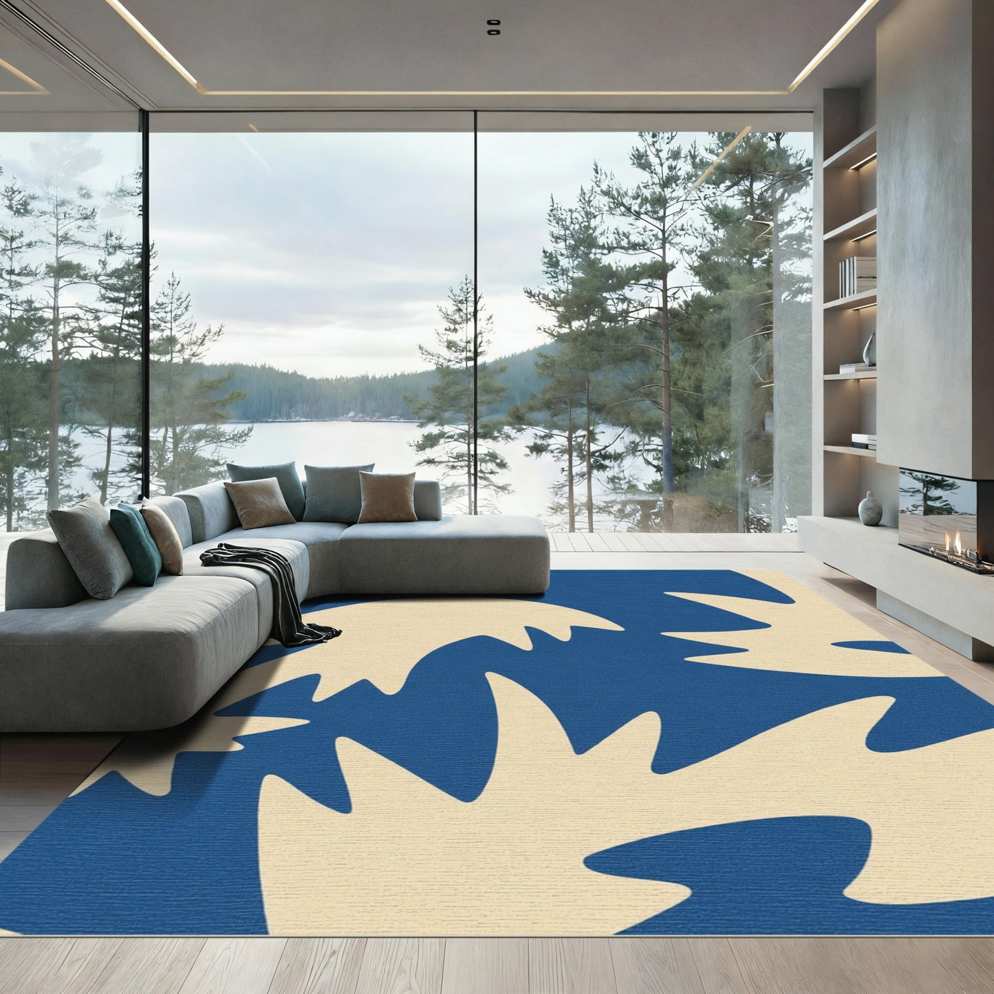 Cream Organic Shapes Blue Field Rug