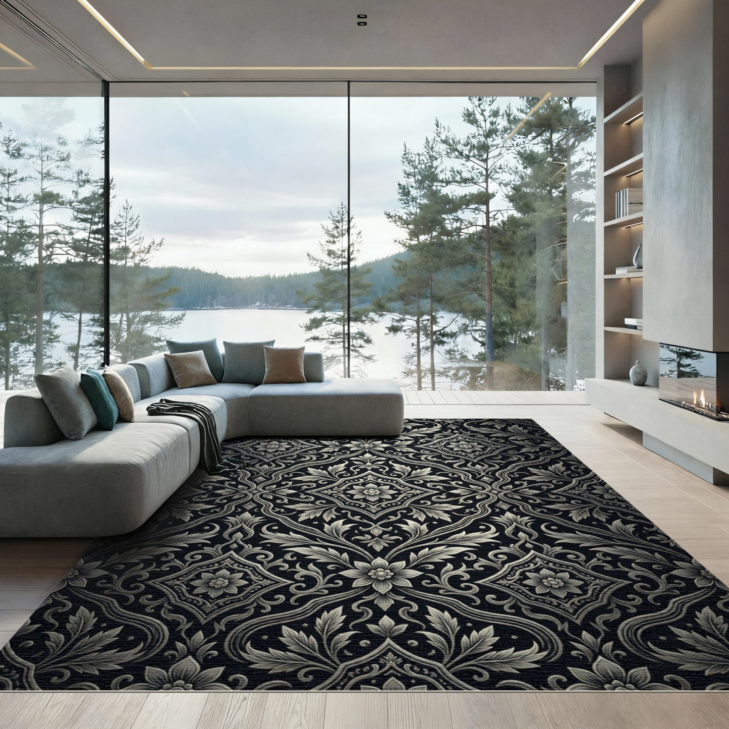 Classic Black Ivory Floral Medallion Rug